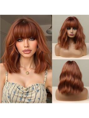 Natural Copper Red Shoulder-Length Wig with Bangs - Women Hair
